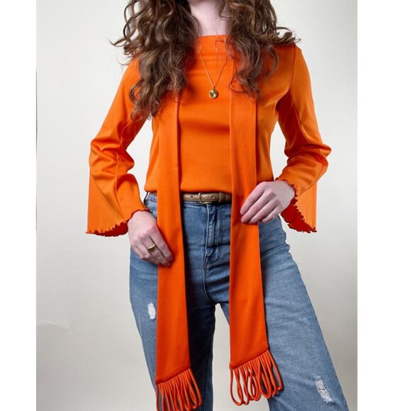Vintage Union Made Scarf Blouse Set Long Flare Bell Sleeve Fringe Scarf 60s 70s - Picture 4 of 9
